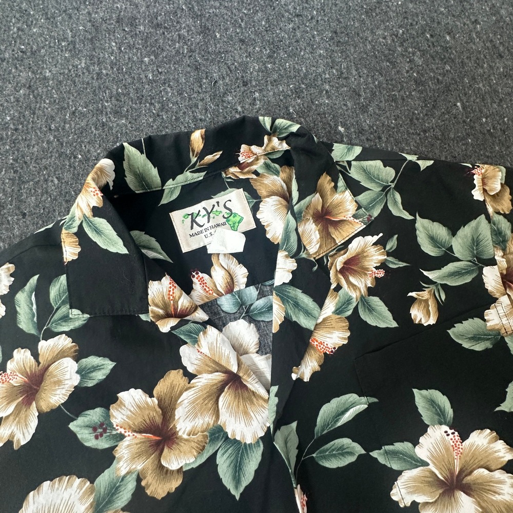 KY'S Button Front Shirt Mens S Black Hibiscus Floral Hawaiian Aloha Cotton